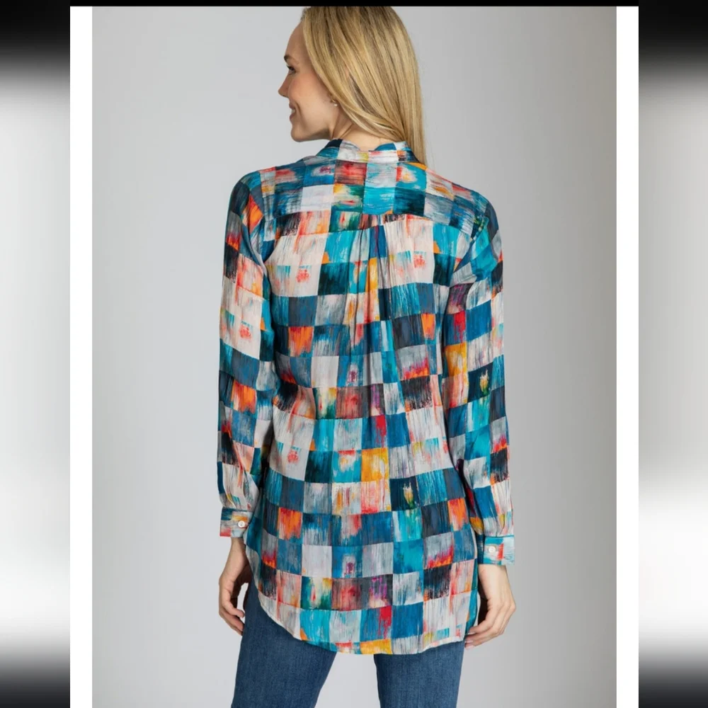 APNY tunic blouse size XL quarter button high low lightweight watercolor block - Picture 8 of 12